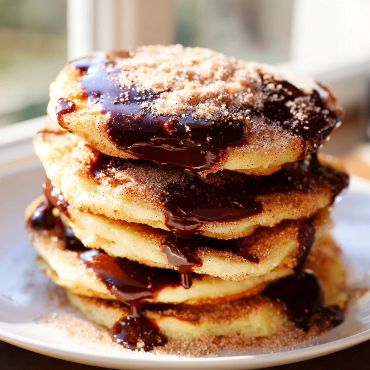 Golden Spanish Churro Pancakes stacked high with rich chocolate sauce drizzled on top