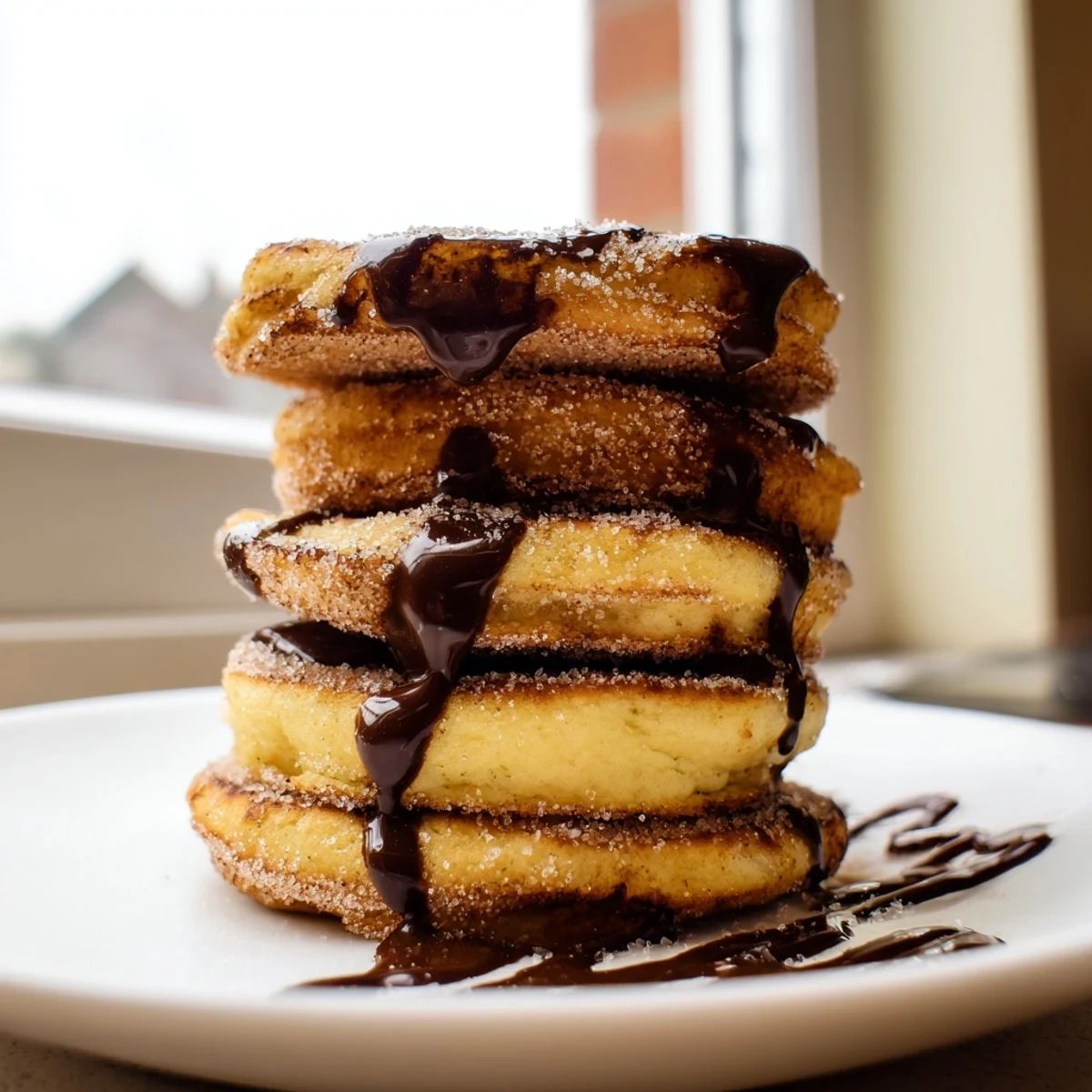 Fluffy Spanish Churro Pancakes coated in cinnamon sugar ready for chocolate dipping