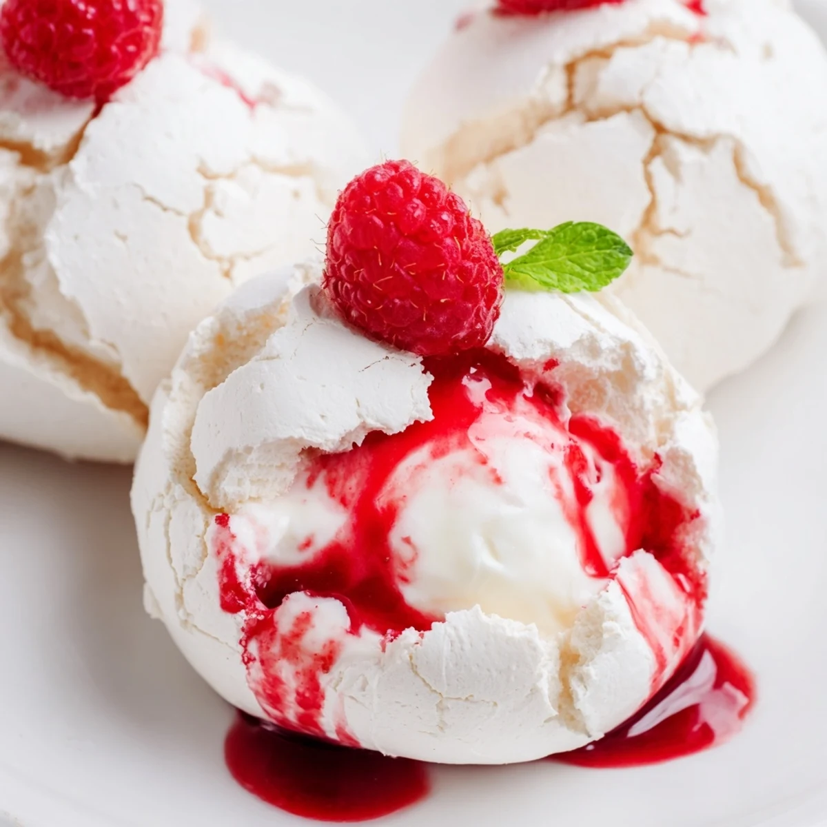 Crisp Pavlova bombs with billowy whipped cream and vibrant red raspberry coulis drizzled elegantly on top.