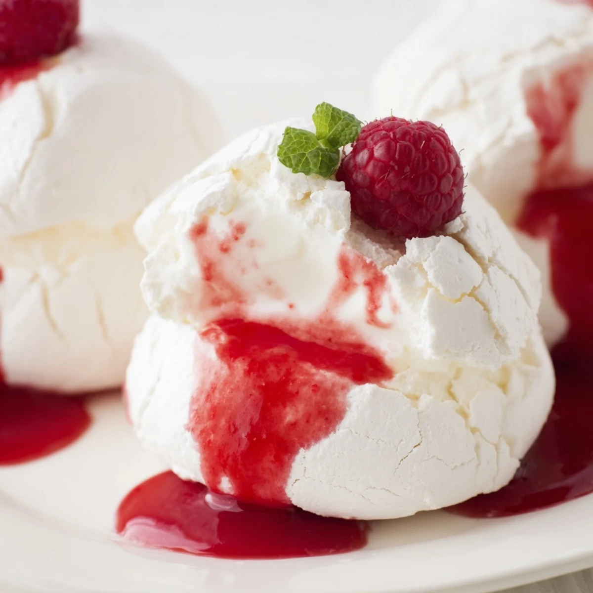 Golden meringue Pavlova bombs filled with fluffy cream and topped with glistening tangy raspberry sauce.