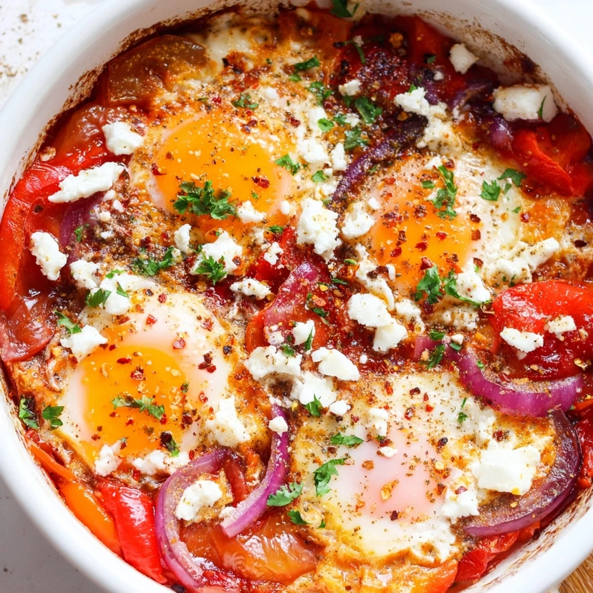 Golden baked feta eggs with runny yolks nestled in creamy cheese and roasted vegetables