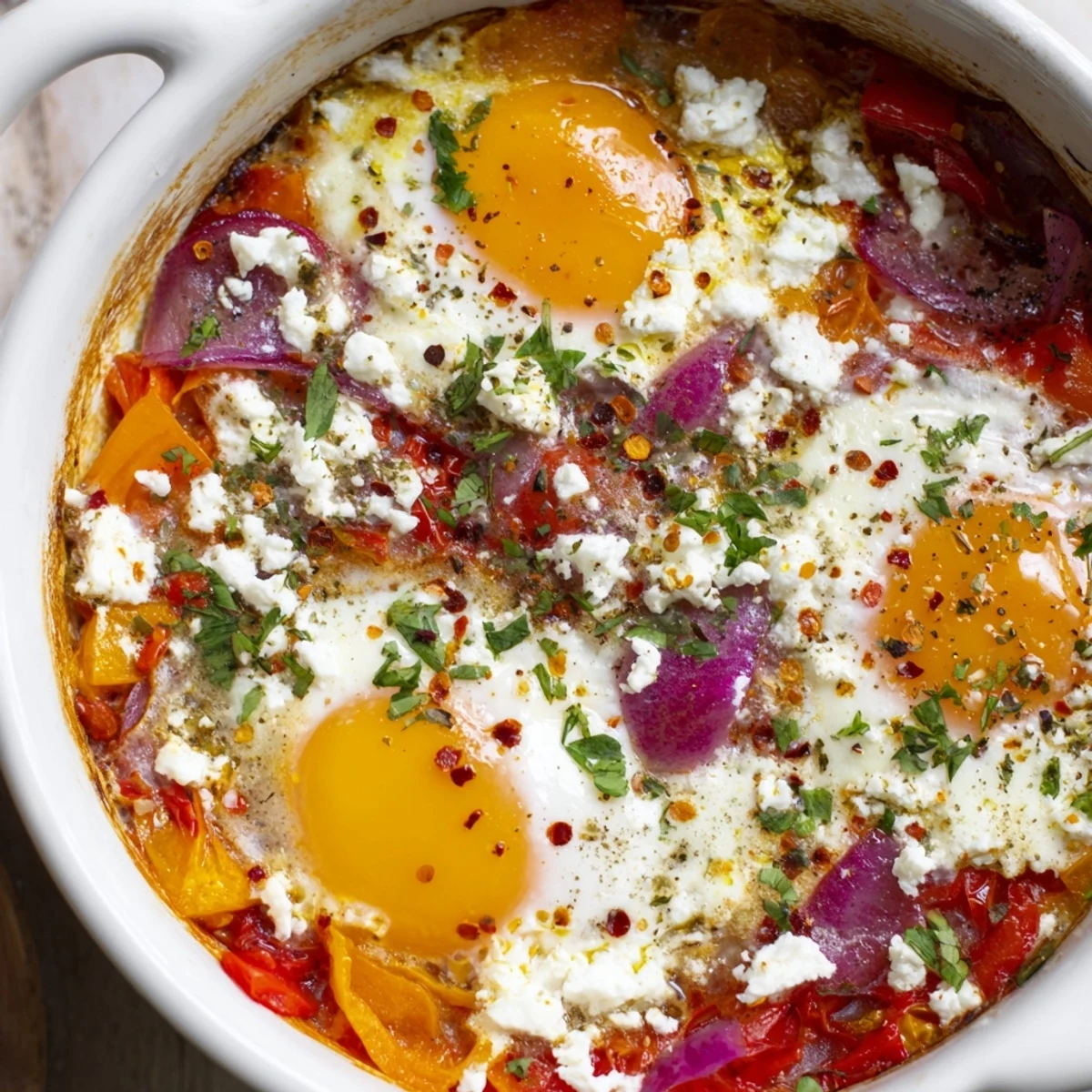 Creamy baked feta eggs topped with fresh parsley in a cast iron skillet