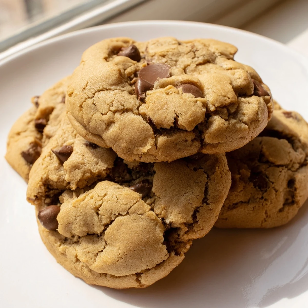 Soft nut free chocolate chip cookies with golden edges on a rustic wooden serving board