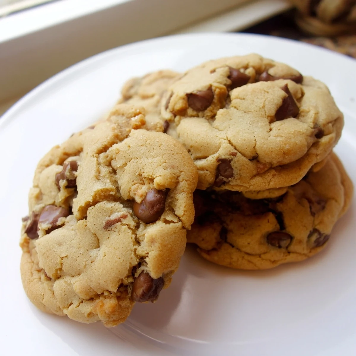 Warm nut free chocolate chip cookies fresh from the oven with melting chocolate chips
