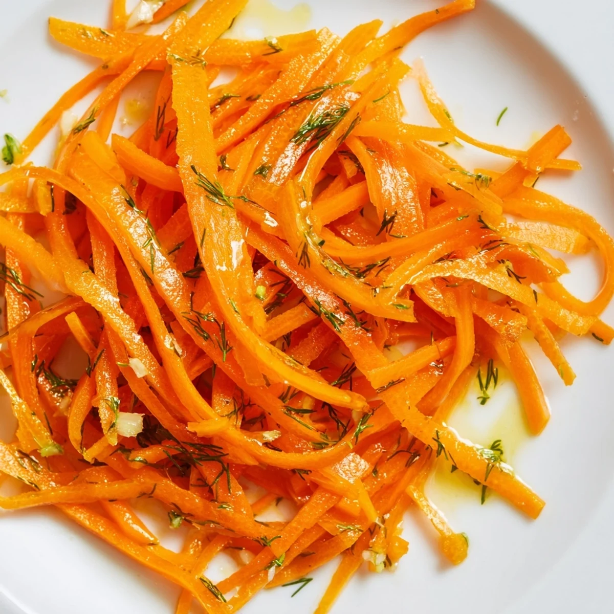 Crisp marinated carrot salad glistening with lemon dill dressing in a white serving bowl