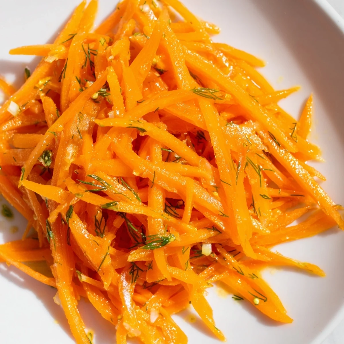 Bright lemon dill carrot salad with julienned strips and fresh herbs on rustic plate