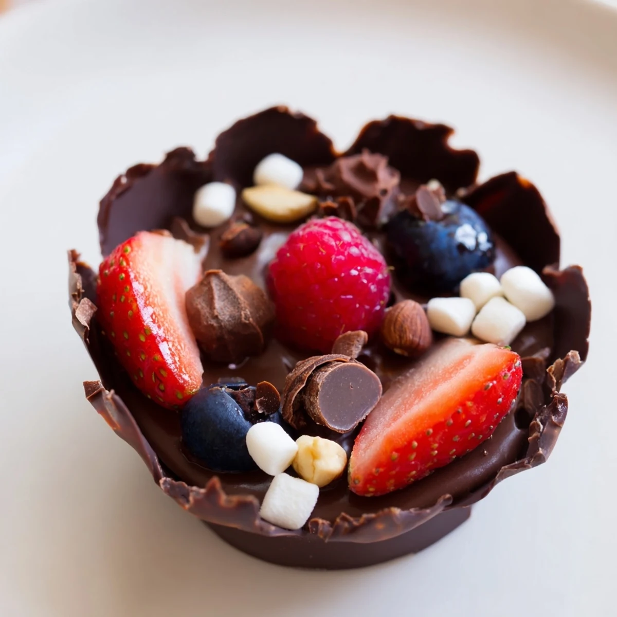 Rich chocolate grazing cups topped with crunchy nuts, berries, and delicate chocolate curls