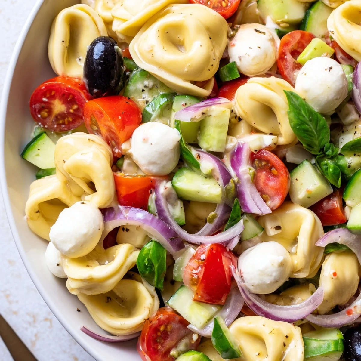 Colorful tortellini salad with cherry tomatoes, cucumber, and mozzarella tossed in zesty Italian dressing