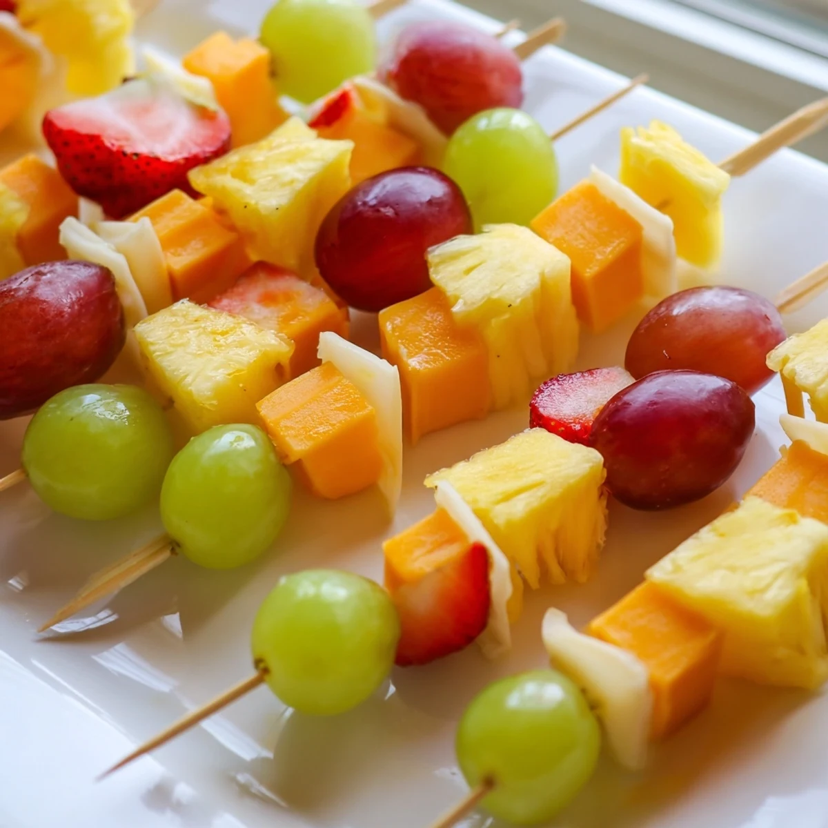 Colorful fruit and cheese kabobs arranged on a platter with grapes strawberries pineapple and cheddar cubes