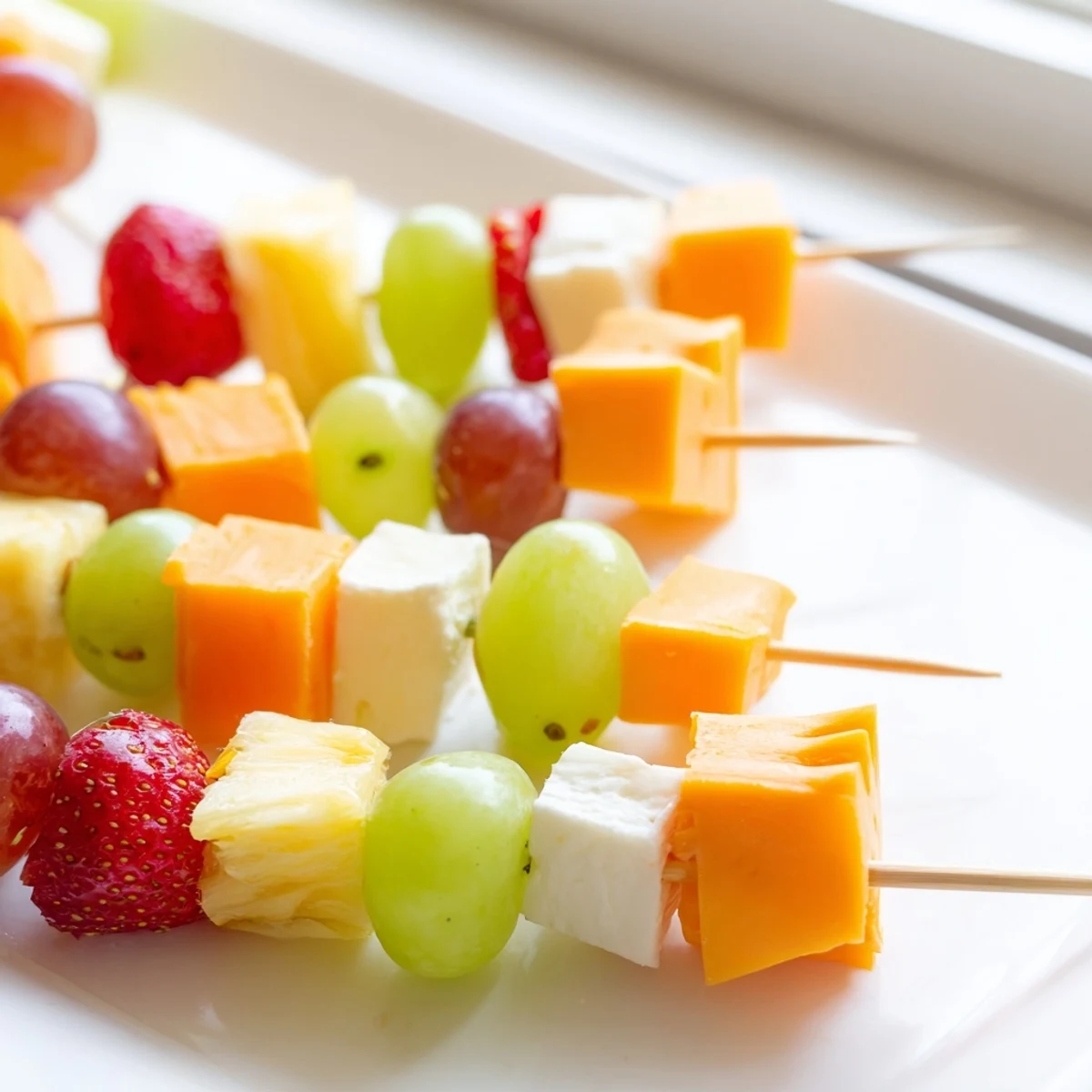 Fresh fruit and cheese kabobs featuring alternating cubes of cheddar mozzarella grapes strawberries and pineapple chunks