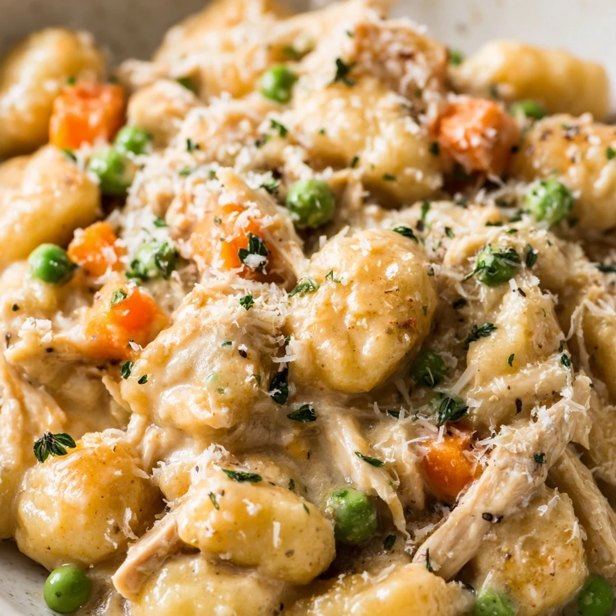 Creamy one pot gnocchi chicken pot pie in a cast iron skillet with tender vegetables