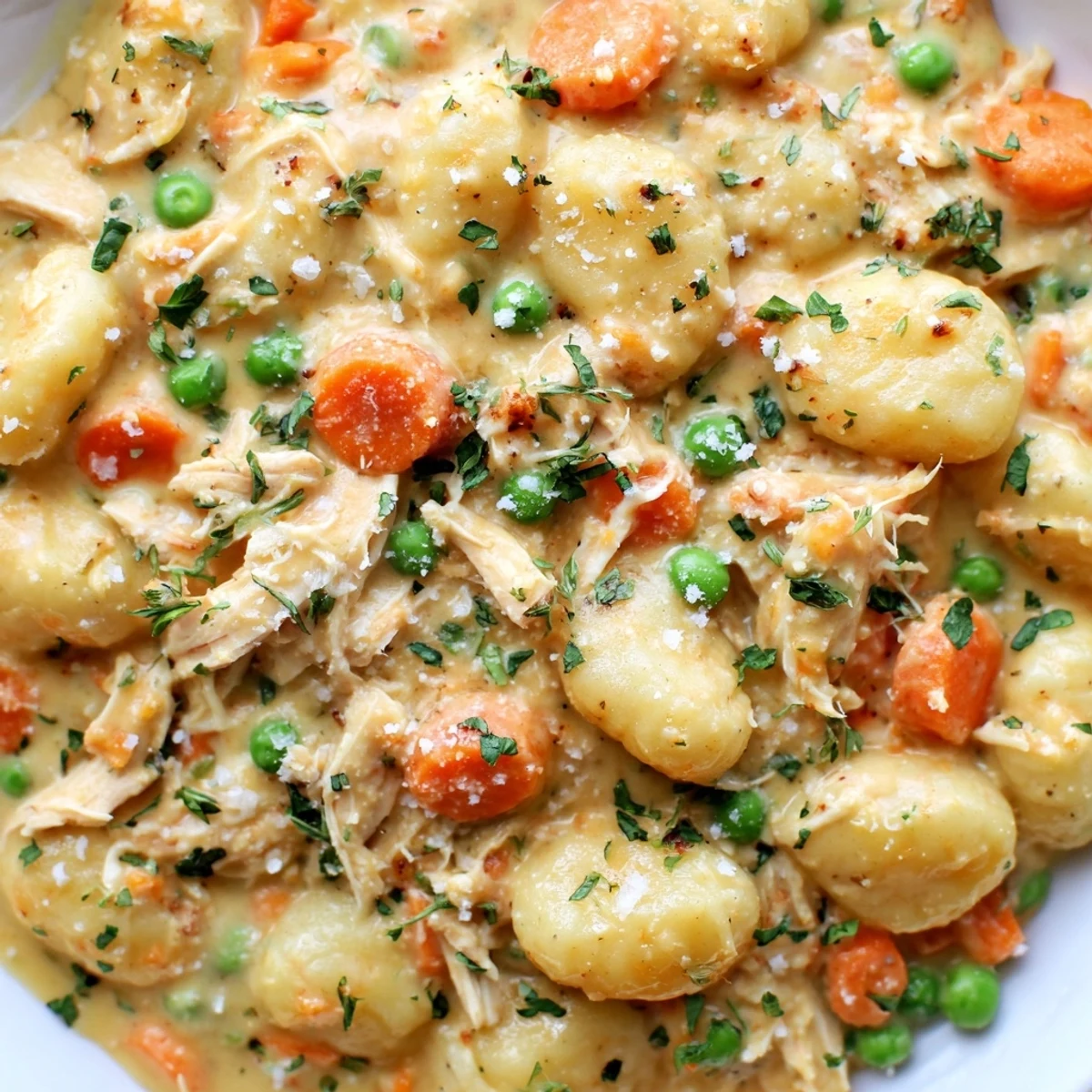 Golden one pot gnocchi chicken pot pie topped with fresh parsley and parmesan
