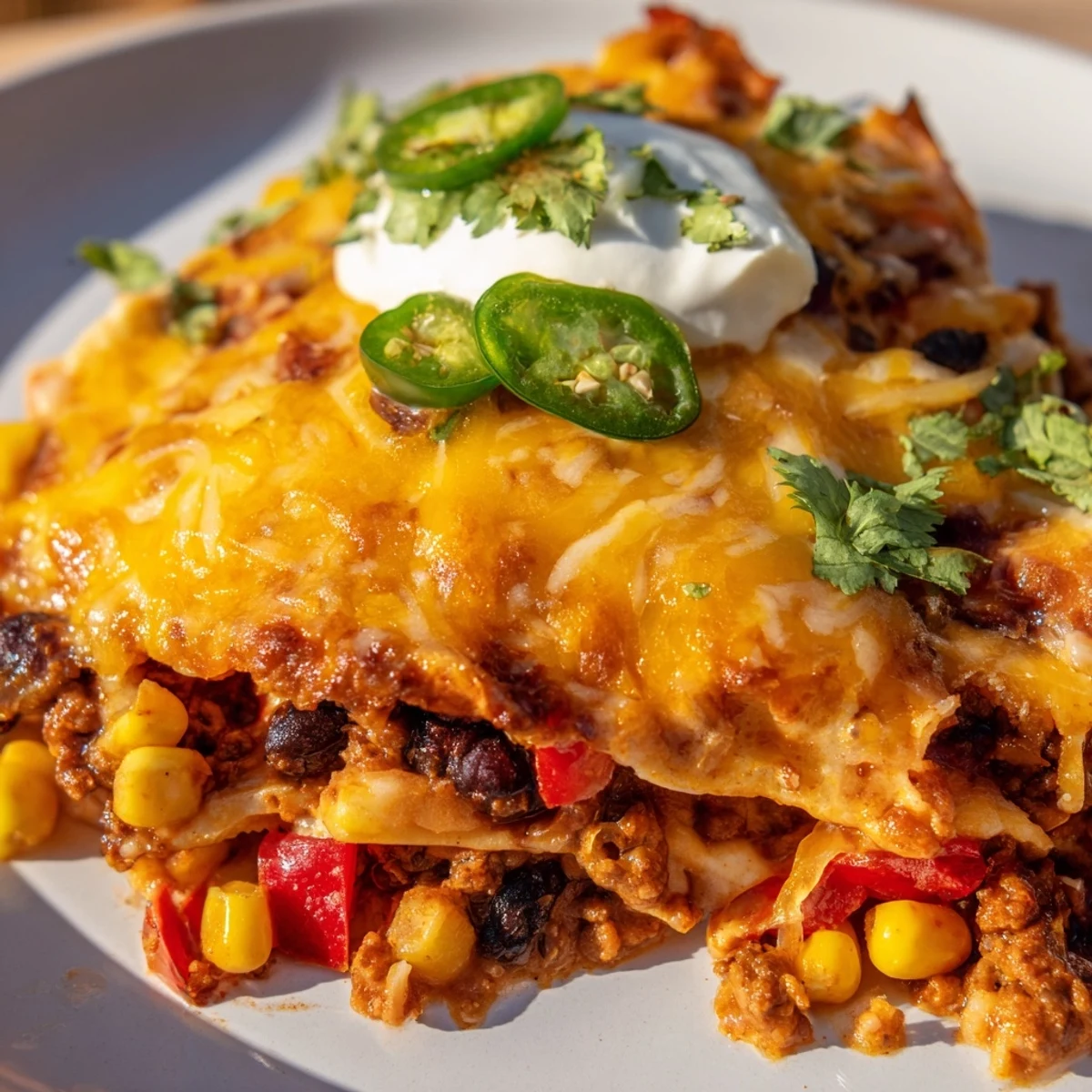 Golden bubbling Mexican lasagna with melted cheese layers in a rustic baking dish