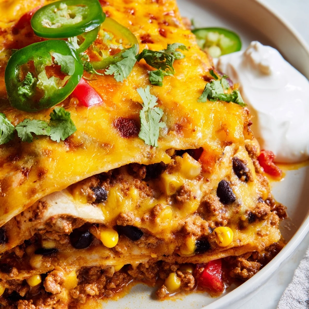 Steaming Mexican lasagna cut into squares showing colorful layers of tortillas and beef