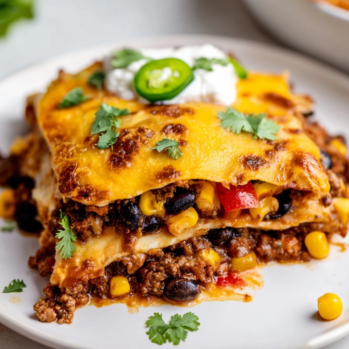 Spicy Mexican lasagna layered with beef, beans, and gooey melted cheese