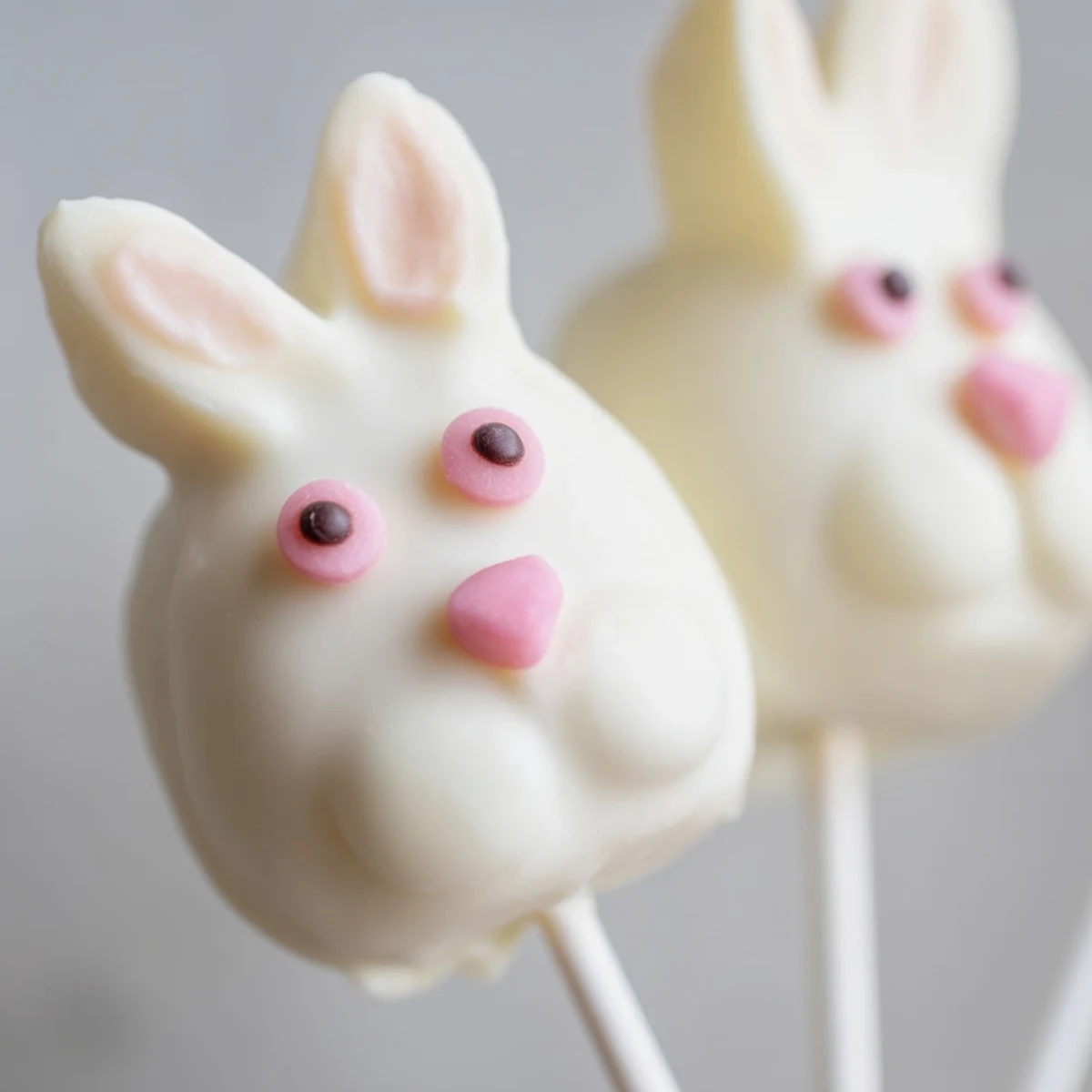 Adorable white chocolate bunny cakesicles with candy eyes and pink ears on a festive tray