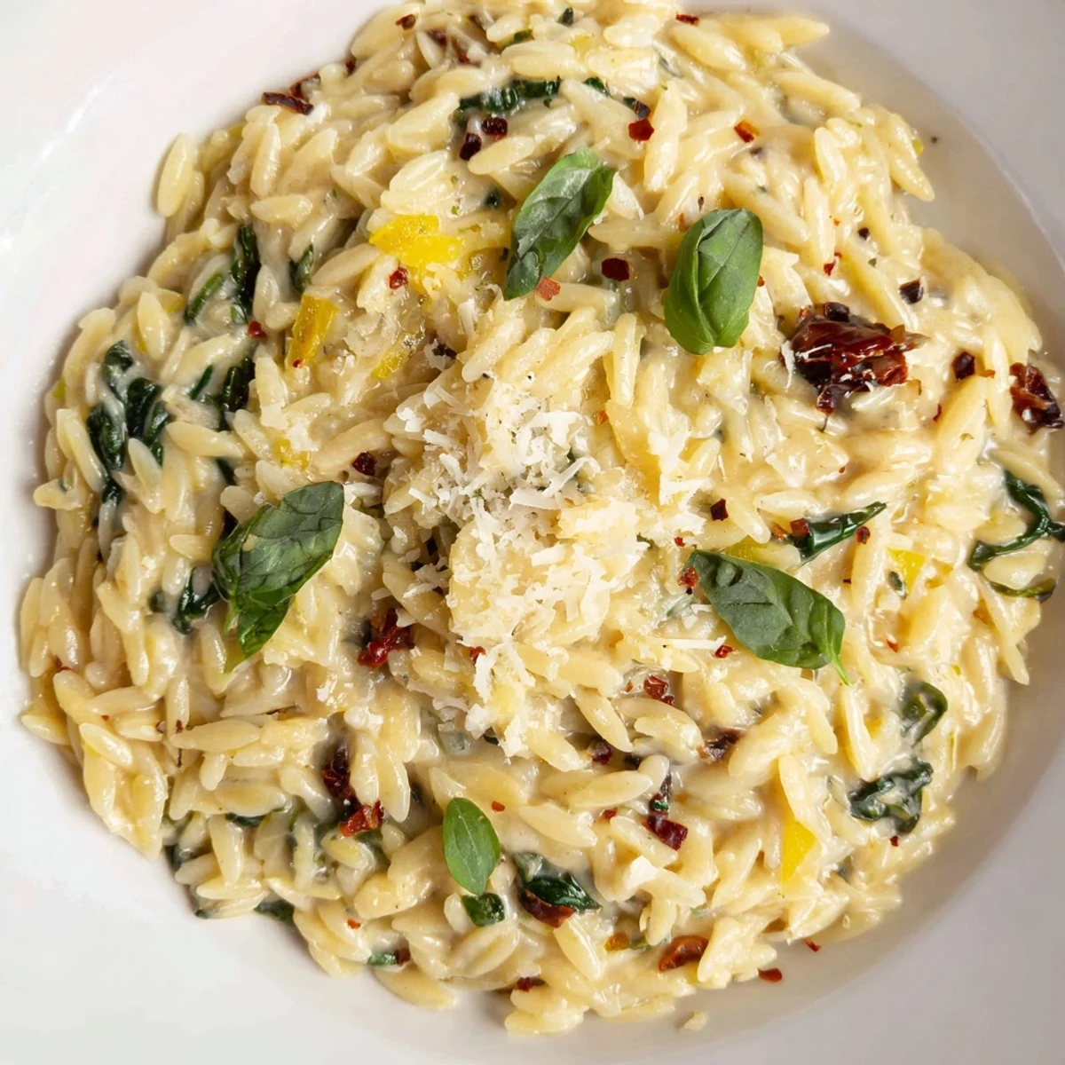 Creamy Tuscan orzo in a skillet with vibrant spinach and sun-dried tomatoes