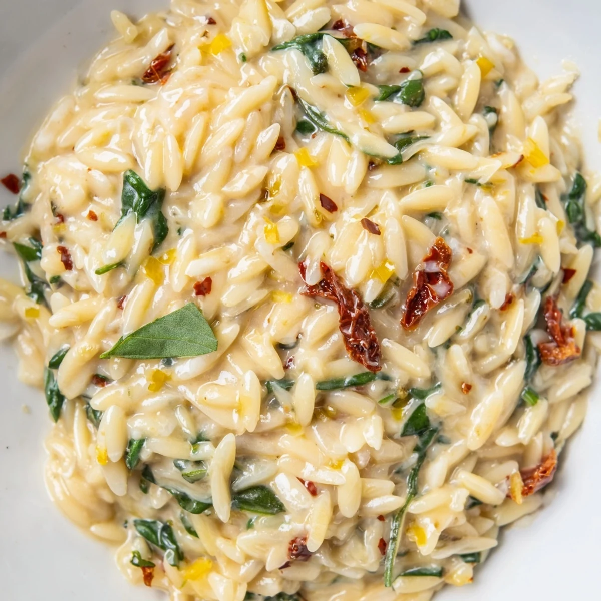 Steaming bowl of Creamy Tuscan orzo topped with fresh basil garnish