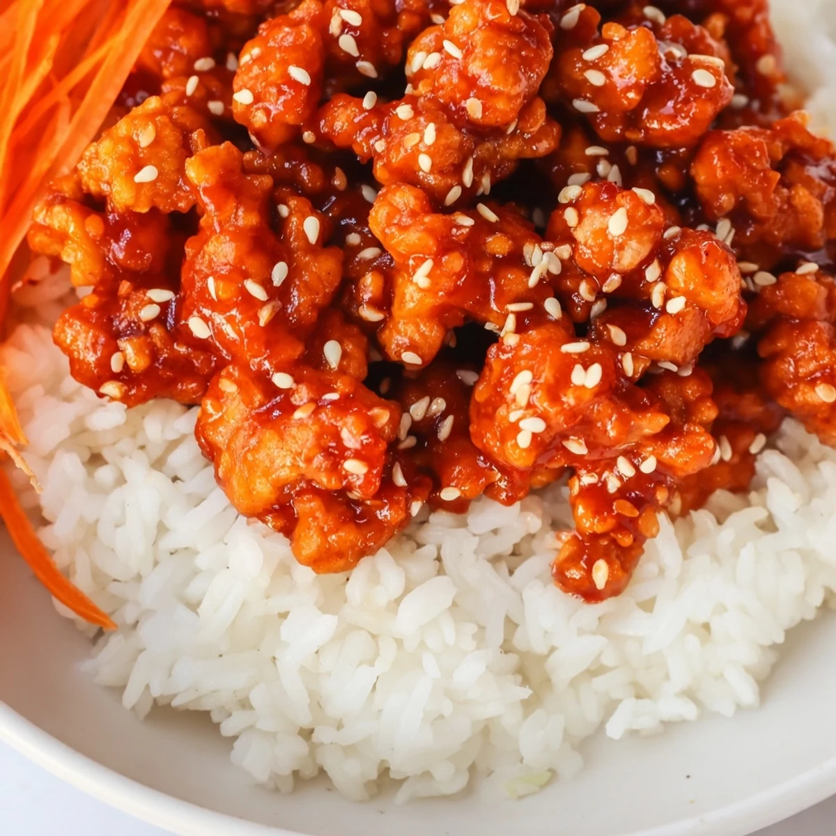 Spicy firecracker ground chicken bowls topped with crisp vegetables and sesame seeds on white rice
