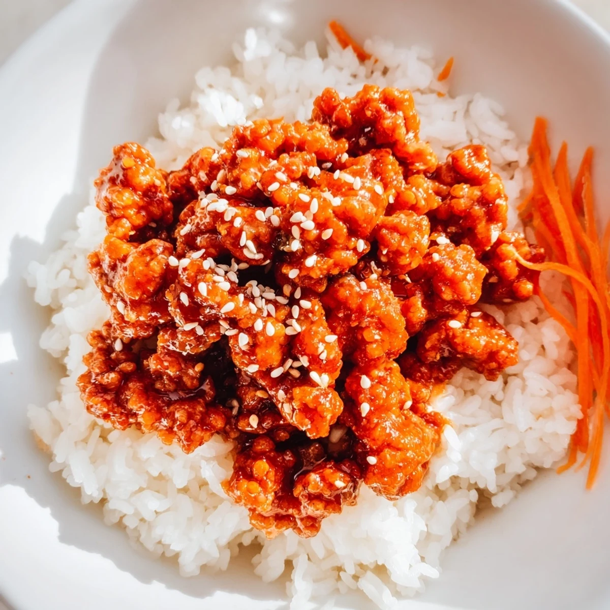 Firecracker ground chicken bowls featuring tender glazed meat over fluffy rice with fresh crunchy vegetables