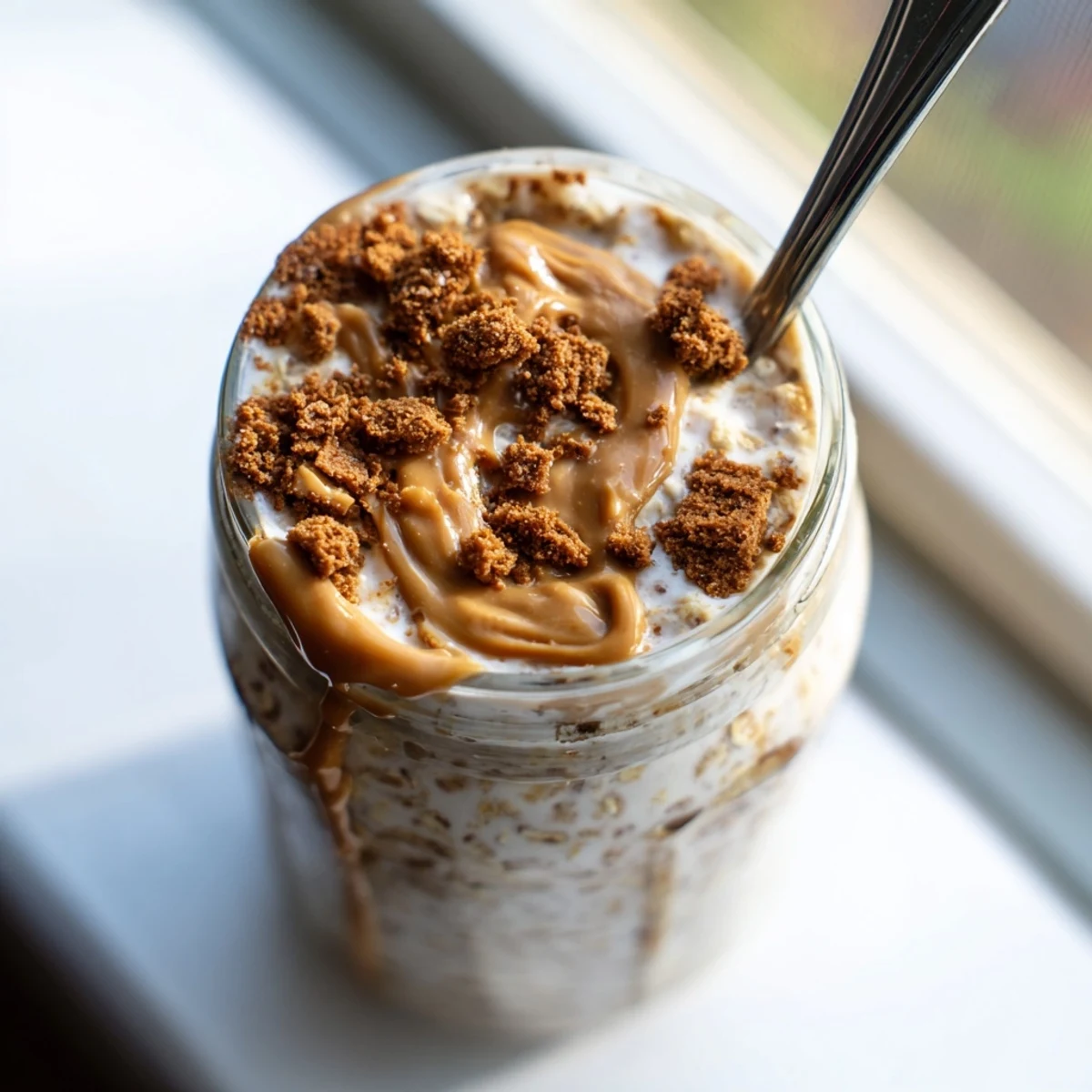 Creamy Biscoff overnight oats in a glass jar topped with crushed cookie pieces and caramel drizzle