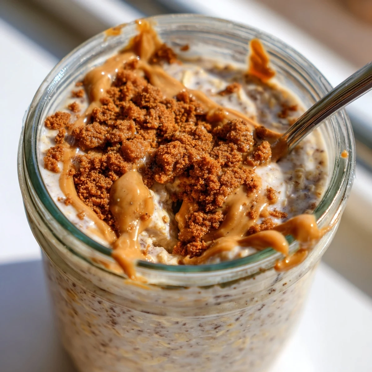 Biscoff overnight oats swirled with spiced cookie butter and crowned with crunchy Biscoff cookie crumbles