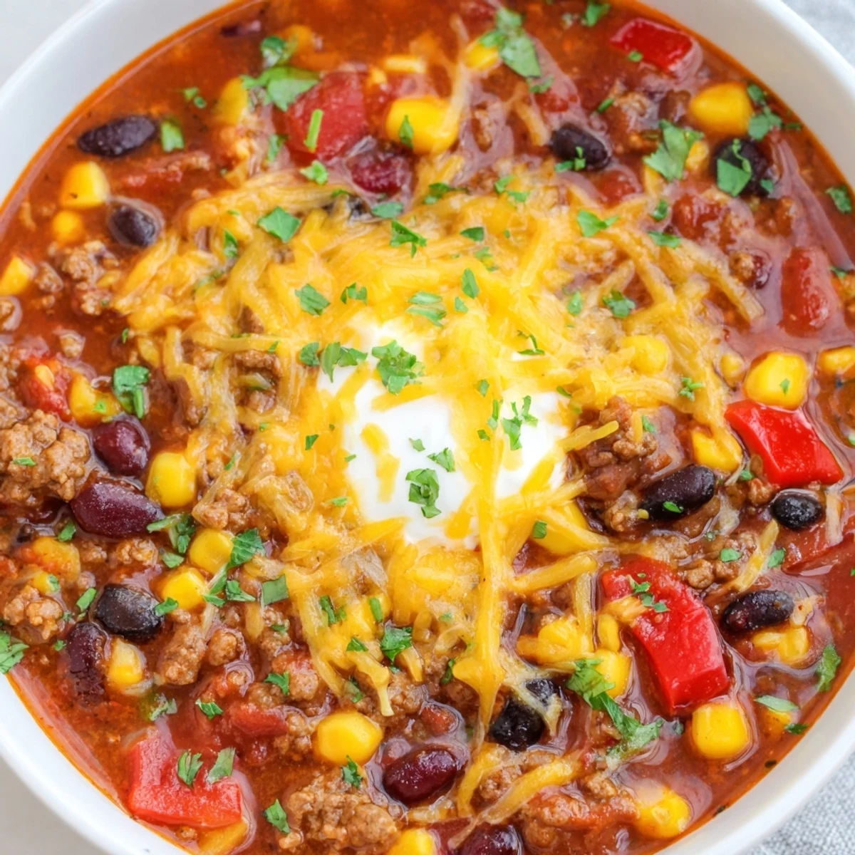 Steaming bowl of Crockpot Ground Beef Taco Soup topped with shredded cheese and cilantro