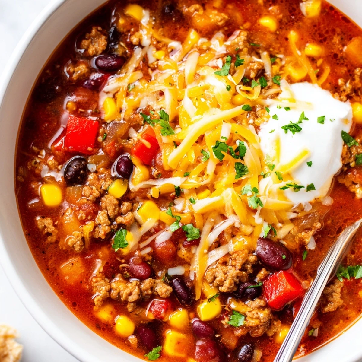 Hearty Crockpot Ground Beef Taco Soup loaded with beans corn and tender beef