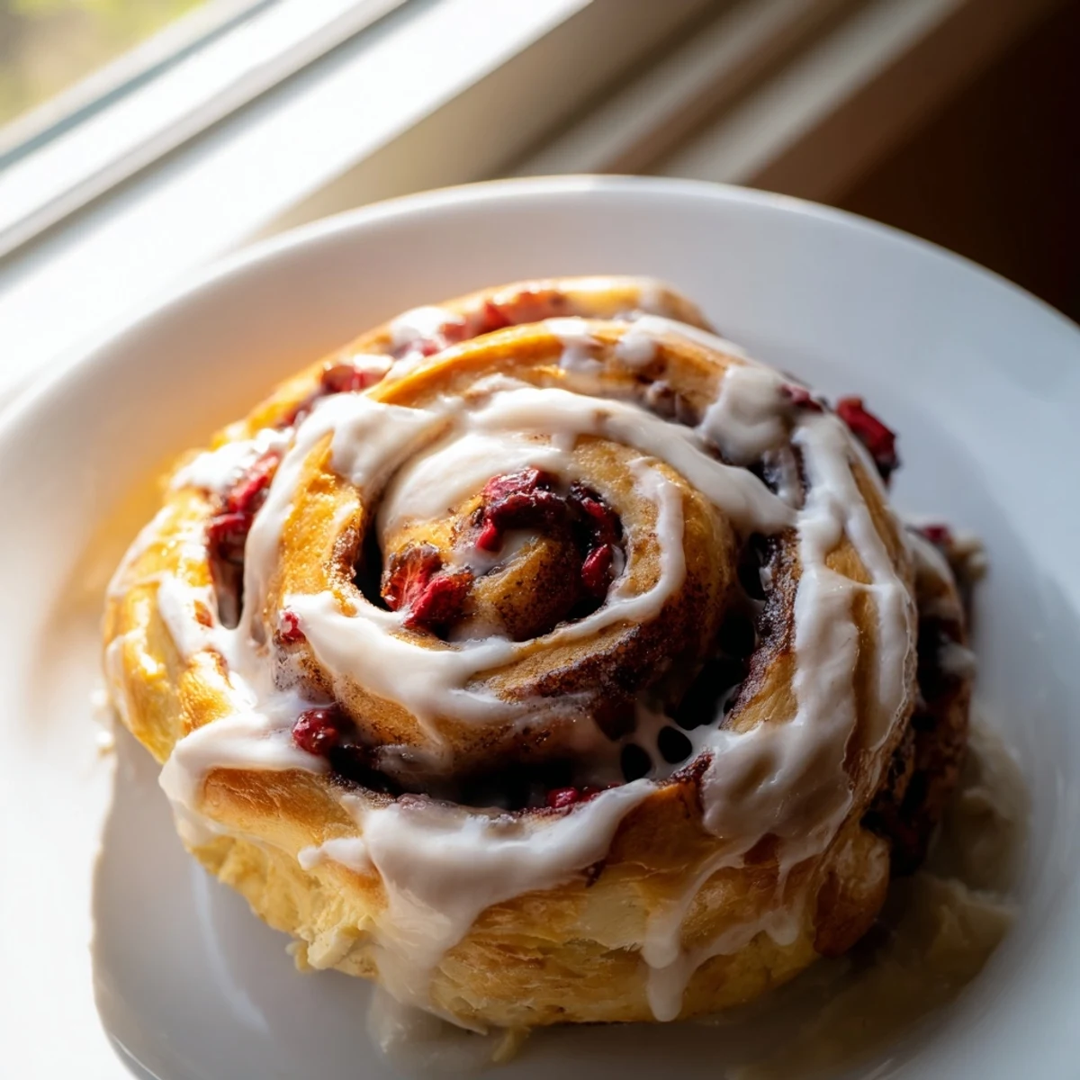 Golden strawberry cinnamon rolls with cream cheese glaze dripping down soft, swirled layers