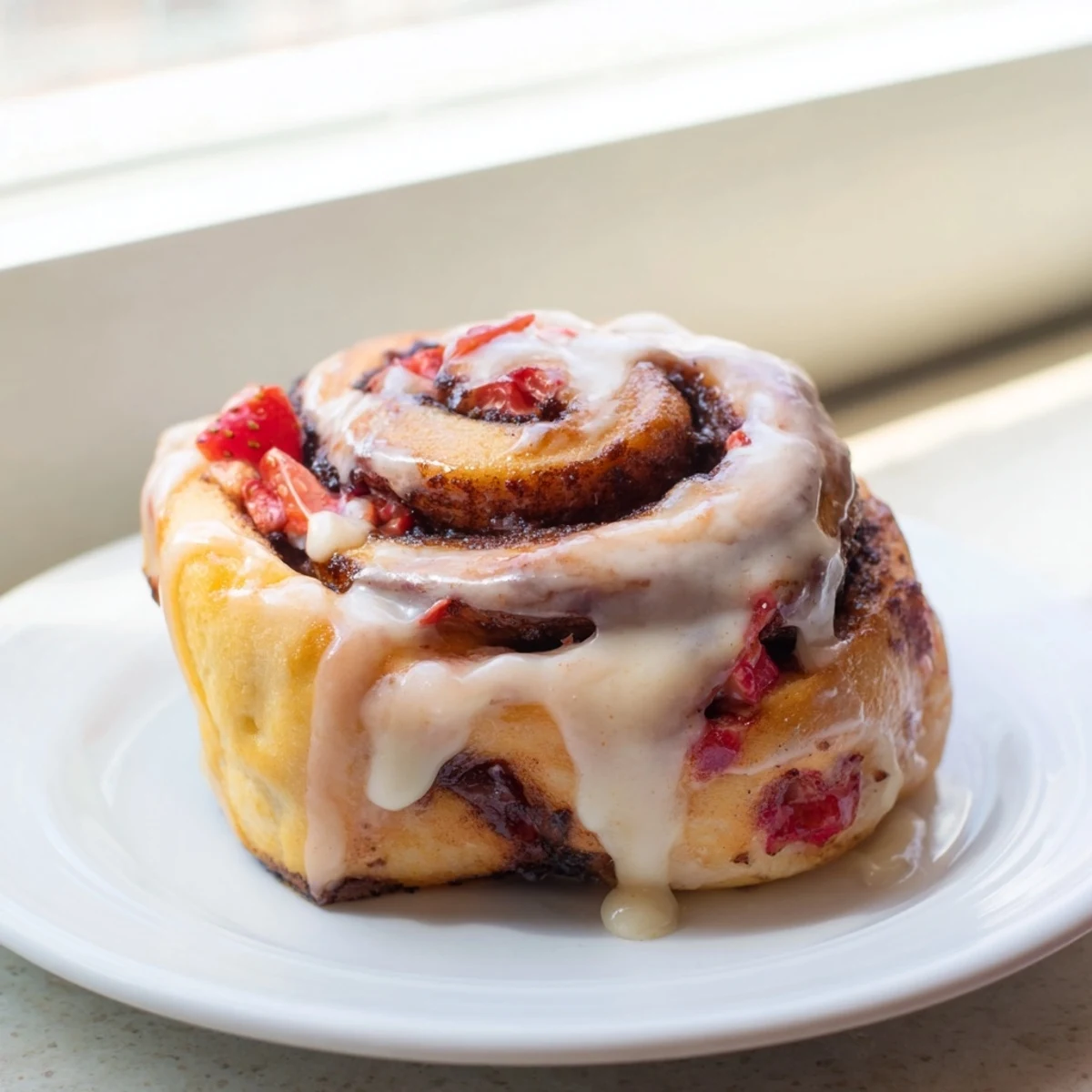 Fresh strawberries and cinnamon sugar peek through fluffy homemade rolls topped with creamy icing