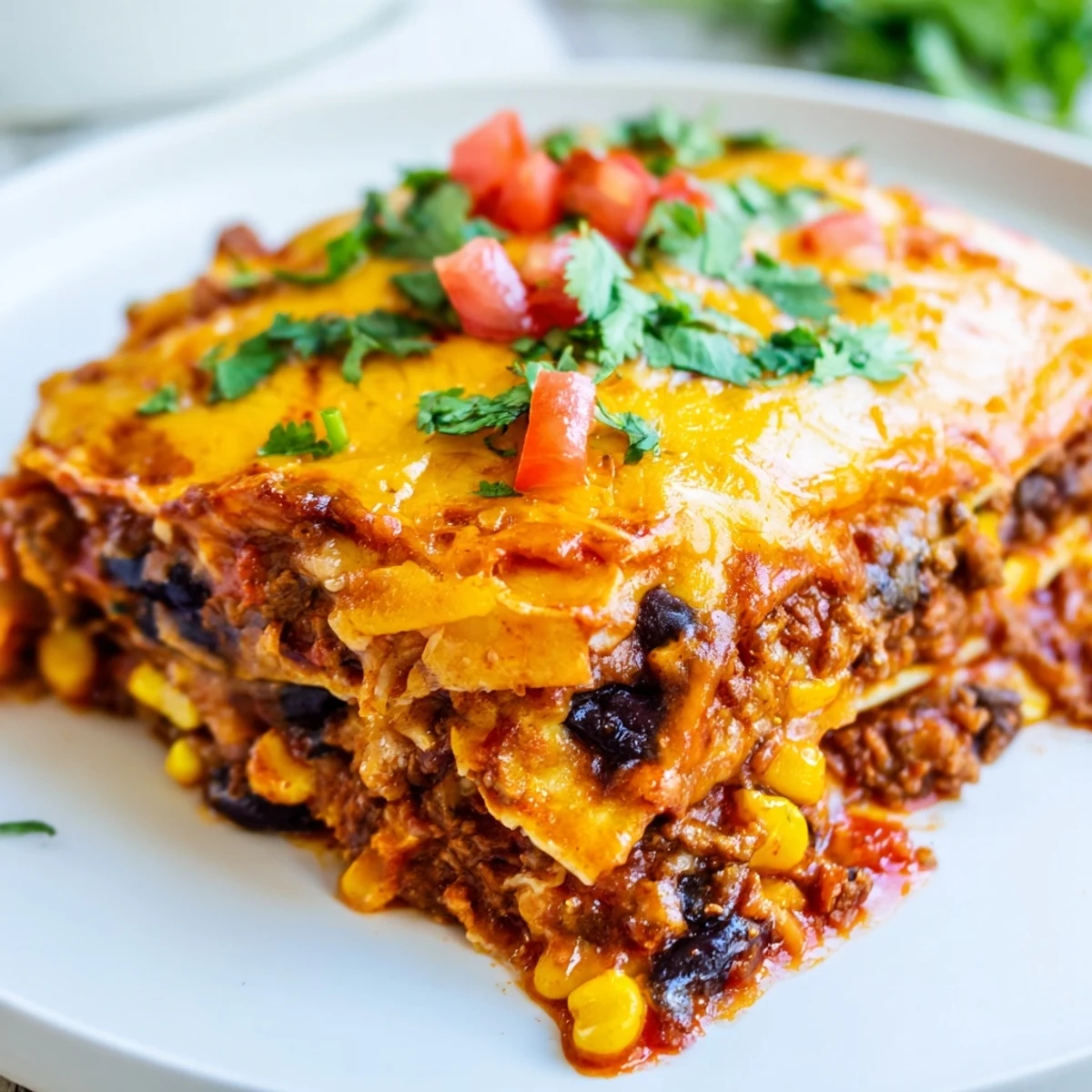 Golden bubbling baked beef enchilada casserole with melted cheese and fresh cilantro garnish