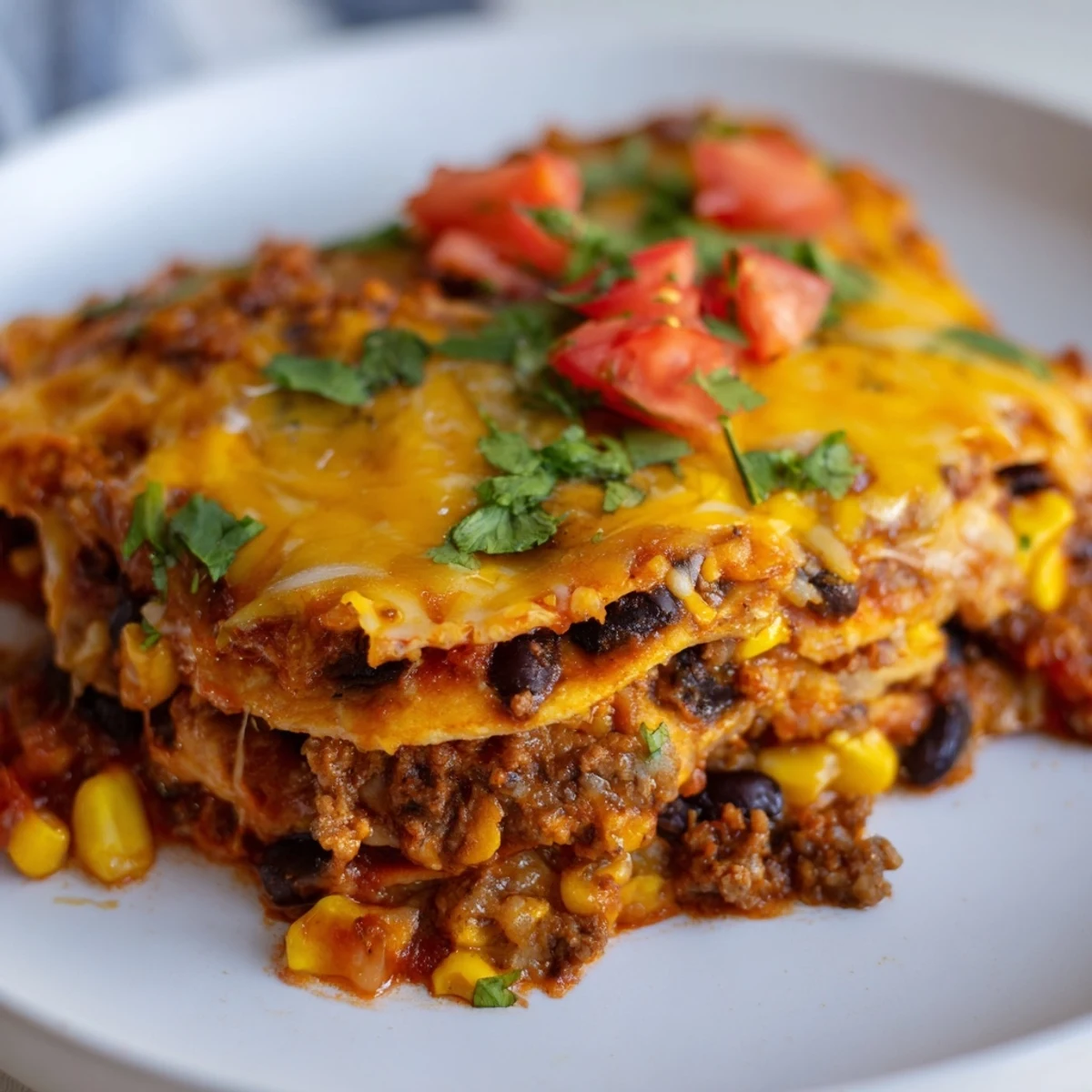 Layered baked beef enchilada casserole featuring seasoned ground beef and gooey melted cheddar