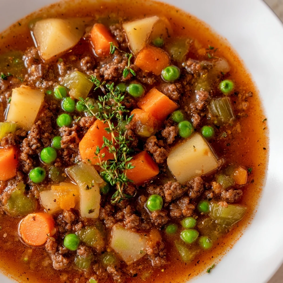Steaming bowl of ground beef and potato soup with tender chunks and rich broth