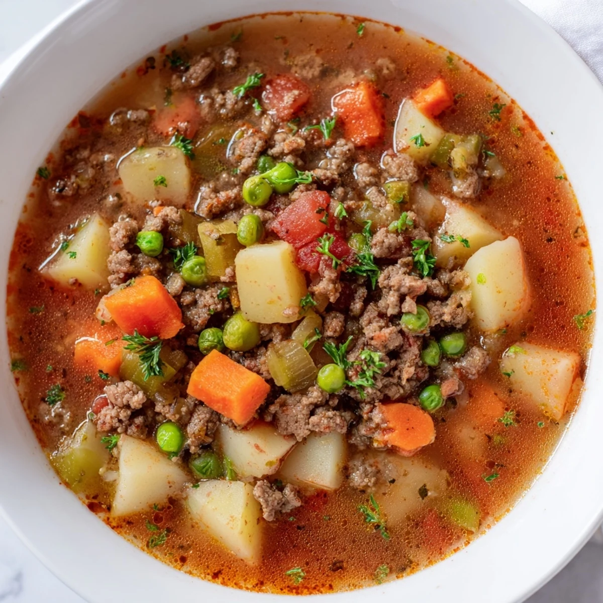 Hearty ground beef and potato soup loaded with vegetables in rustic crock