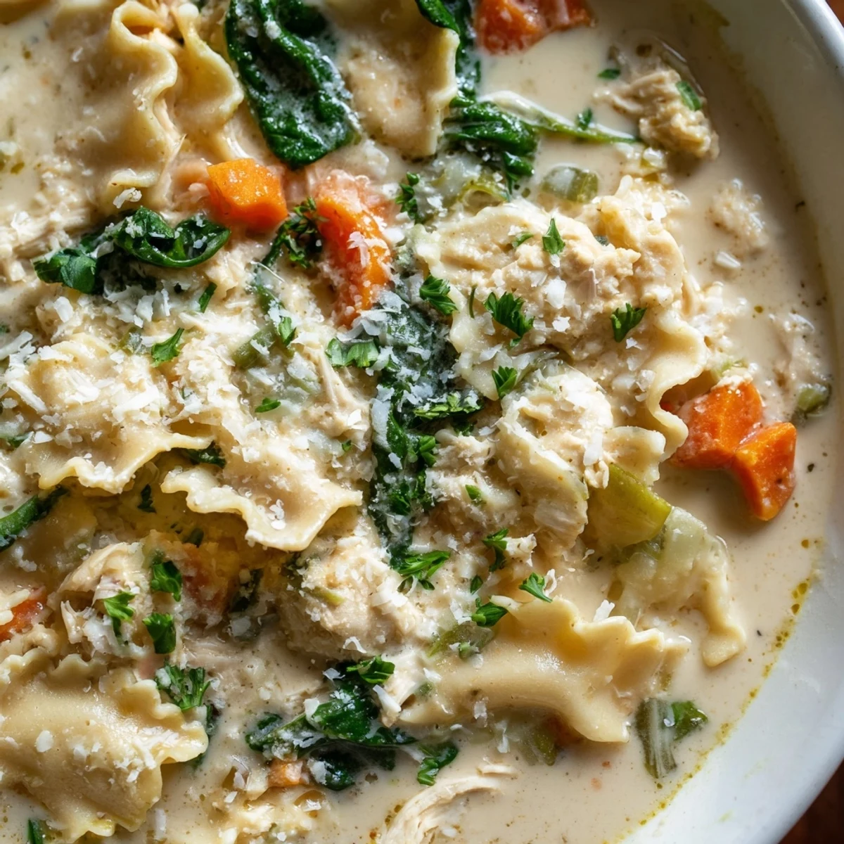 Creamy Italian white lasagna soup in a white bowl with melted cheese and fresh parsley garnish