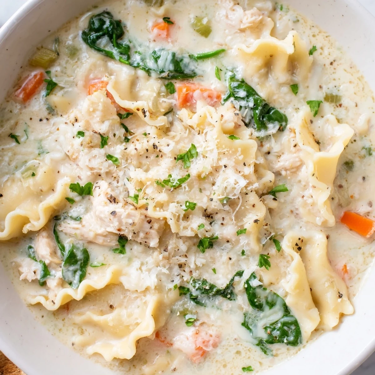 Steaming bowl of Italian white lasagna soup featuring tender chicken, spinach, and broken lasagna noodles