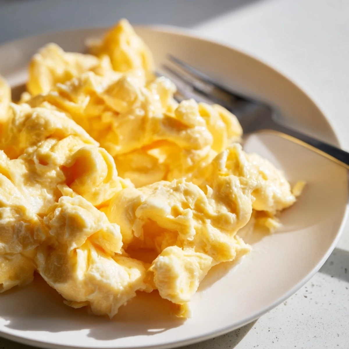 Fluffy scrambled eggs served in a skillet alongside crispy toast and fresh herbs