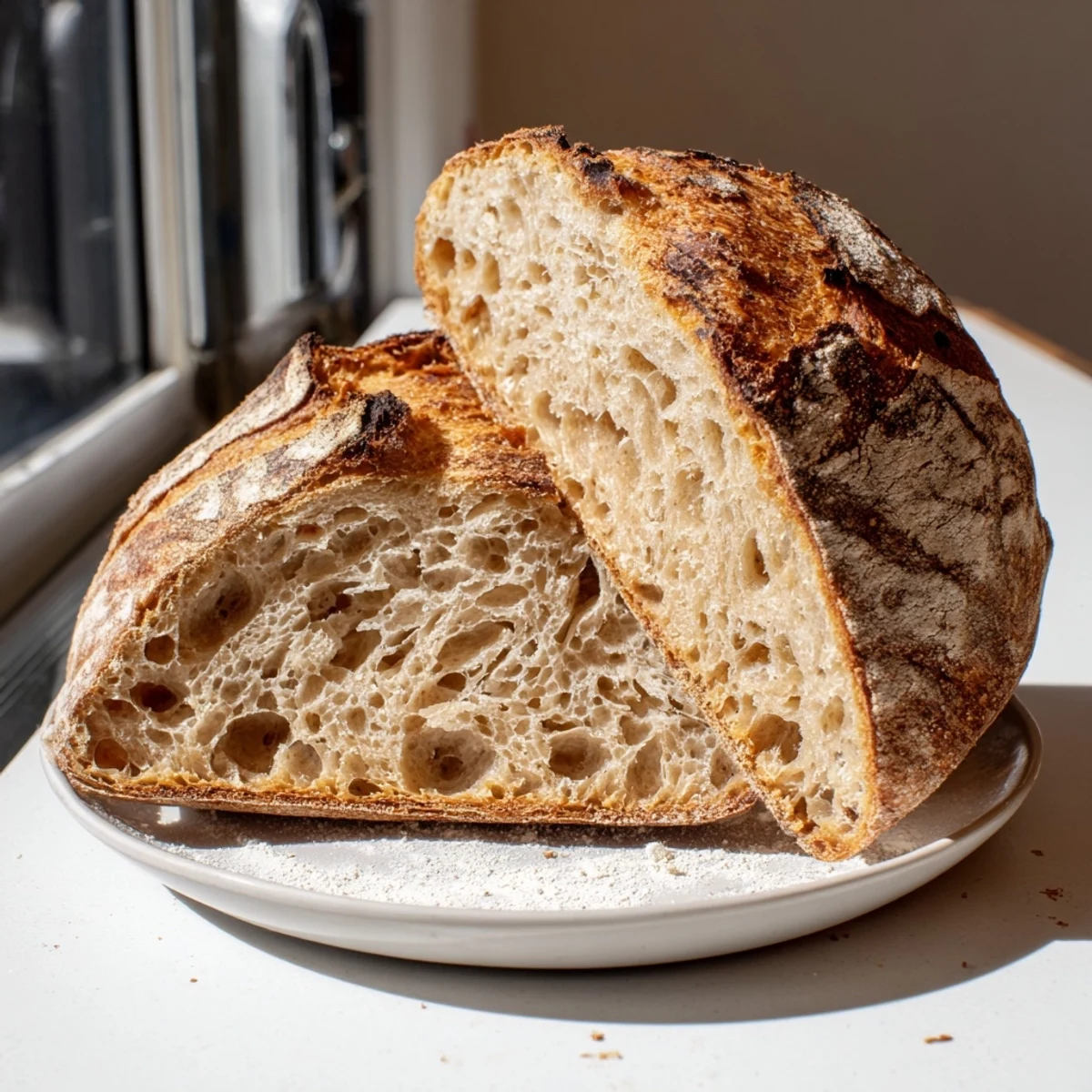 Golden sourdough bread loaf with a crackled crust resting on a cutting board