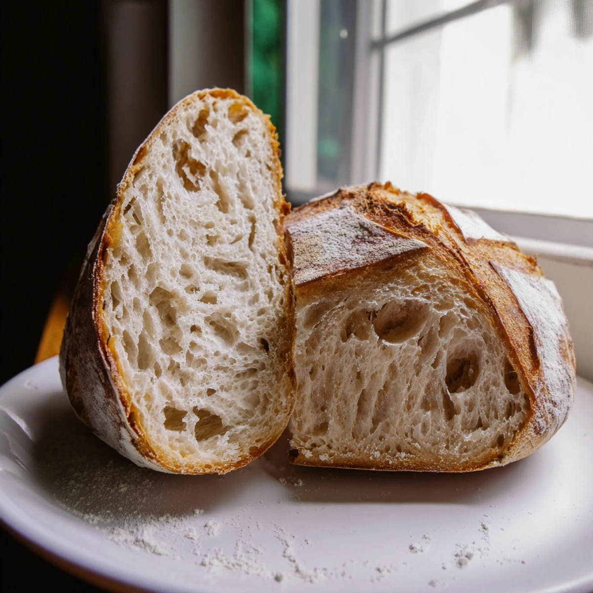 Rustic sourdough bread cooling on a wire rack with a flour-dusted surface