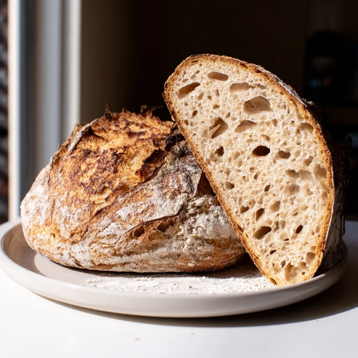 Crusty sourdough bread sliced open to reveal a soft chewy interior crumb