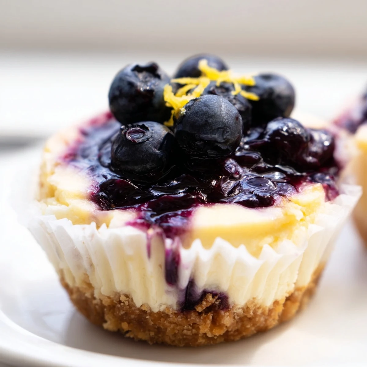 Mini Lemon Blueberry Cheesecakes topped with vibrant berry compote on a golden graham crust