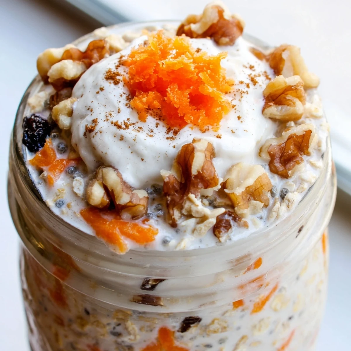Creamy carrot cake overnight oats topped with walnuts and a drizzle of maple frosting in a glass jar