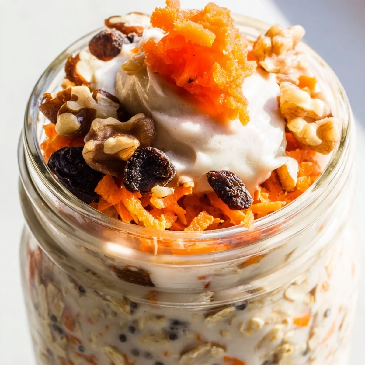 Thick spiced carrot cake overnight oats layered with raisins, grated carrot, and crunchy pecans in a mason jar