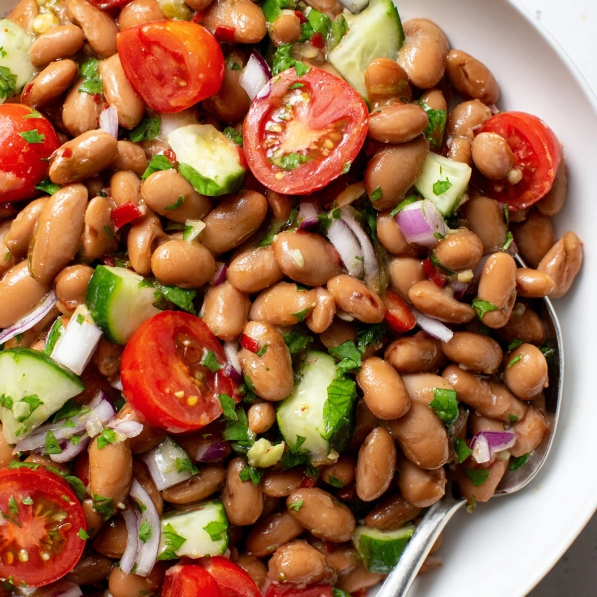 Colorful pinto bean salad tossed with fresh crisp vegetables and bright lime dressing