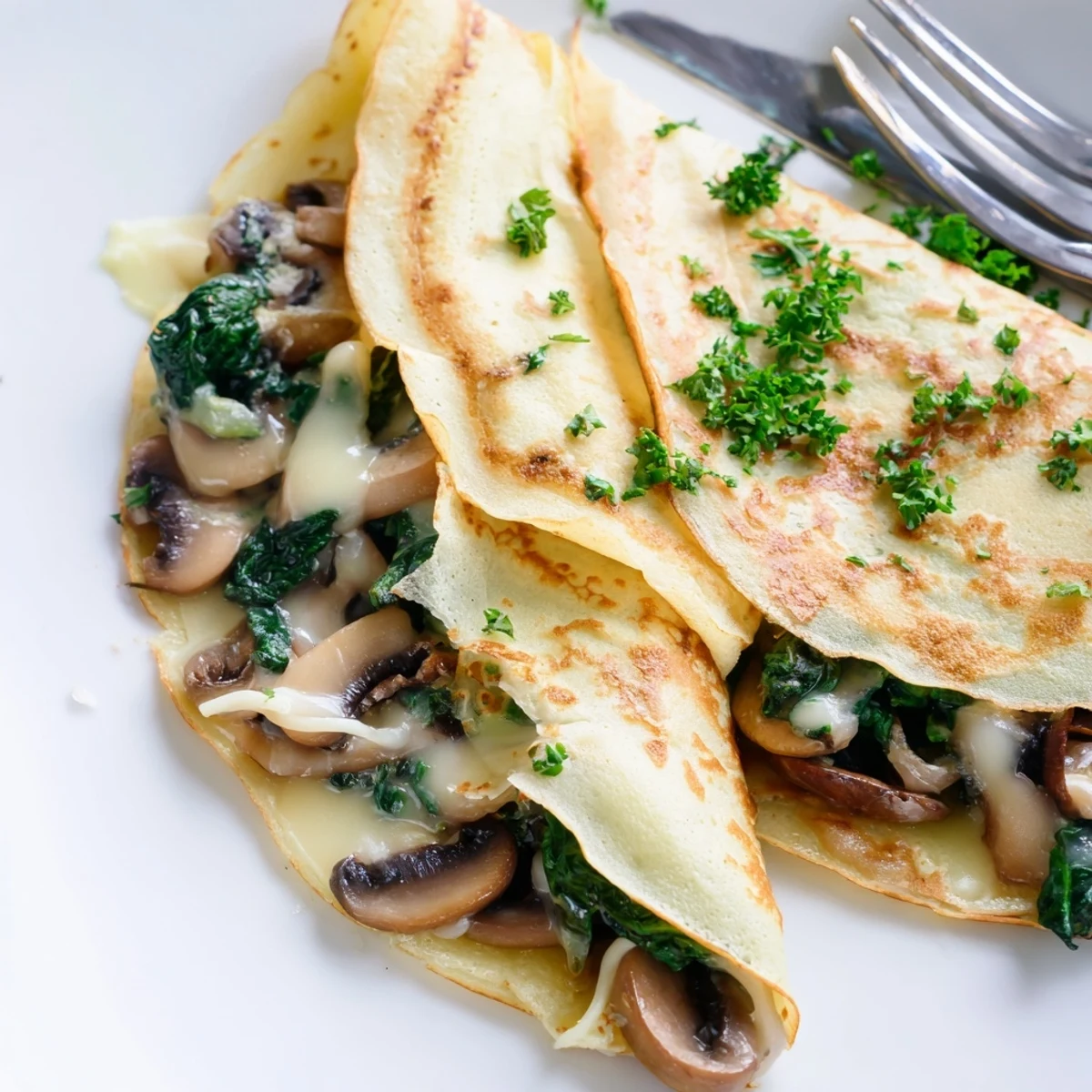 Golden savory crepes filled with sautéed spinach, mushrooms, and melted Gruyère cheese on a plate