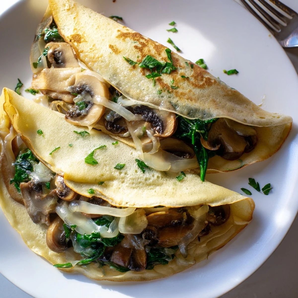 Thin French savory crepes rolled around a creamy spinach and mushroom filling, served warm