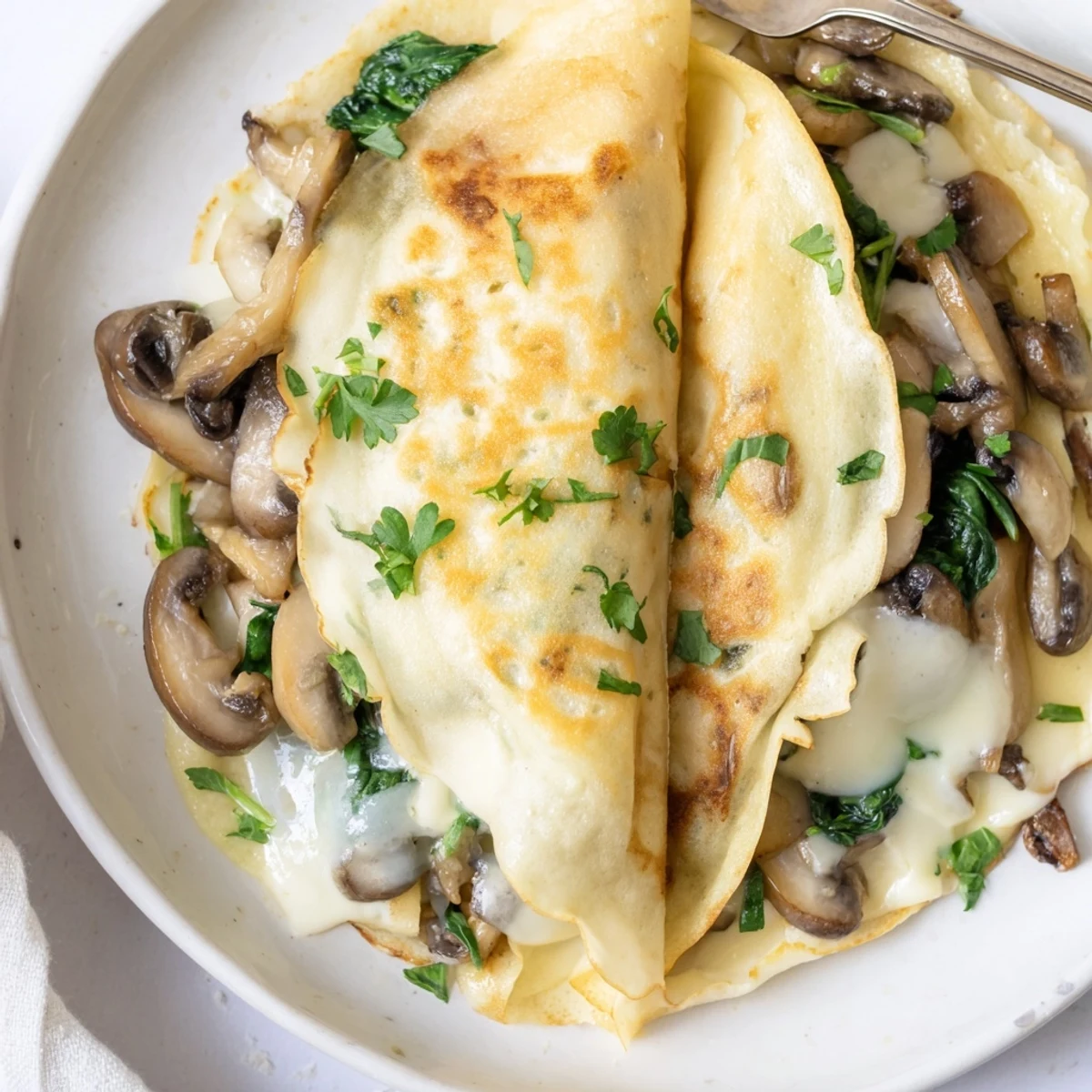Savory crepes folded over tender mushrooms and wilted spinach, topped with melted Swiss cheese