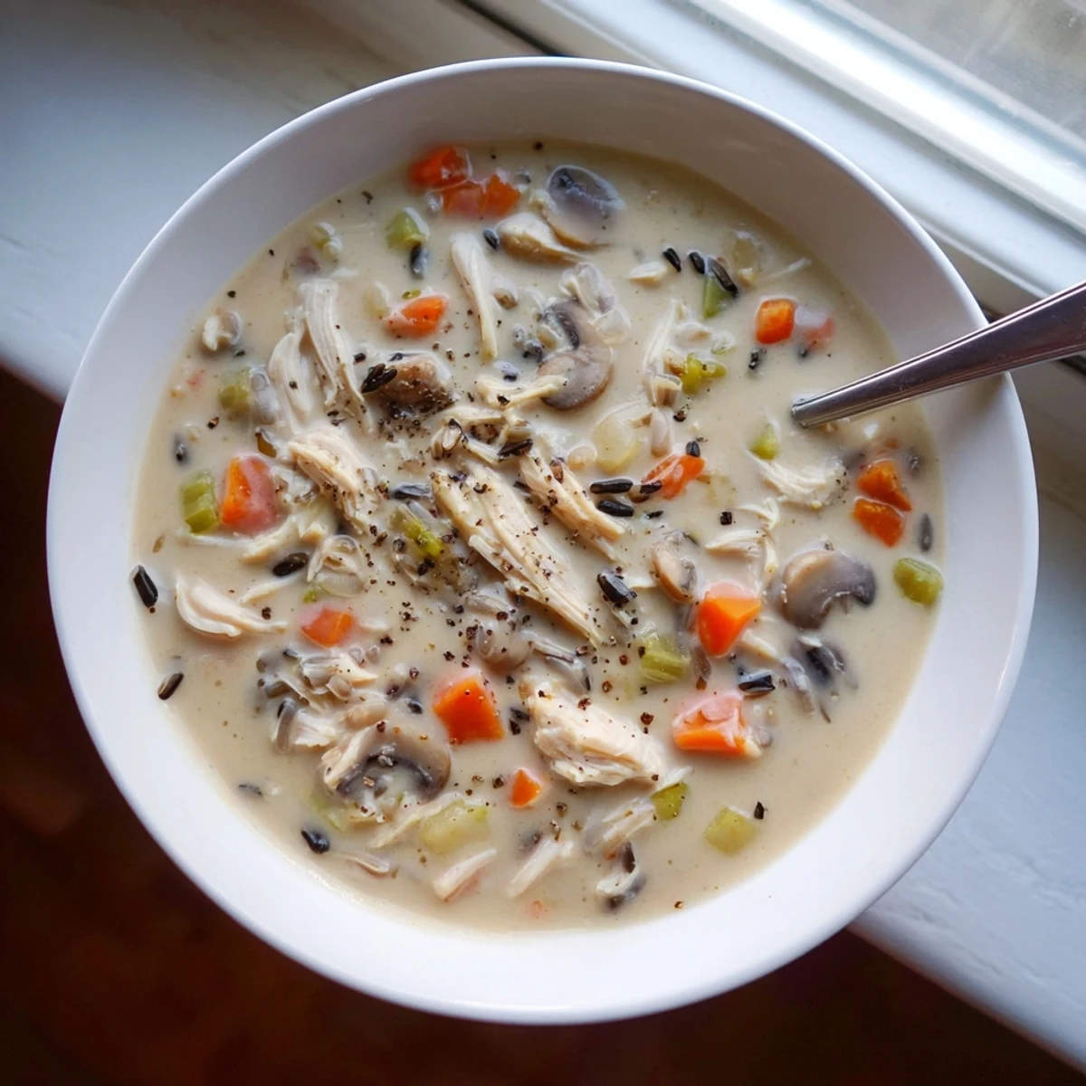 A steaming bowl of creamy slow cooker chicken mushroom wild rice soup with shredded chicken and crusty bread