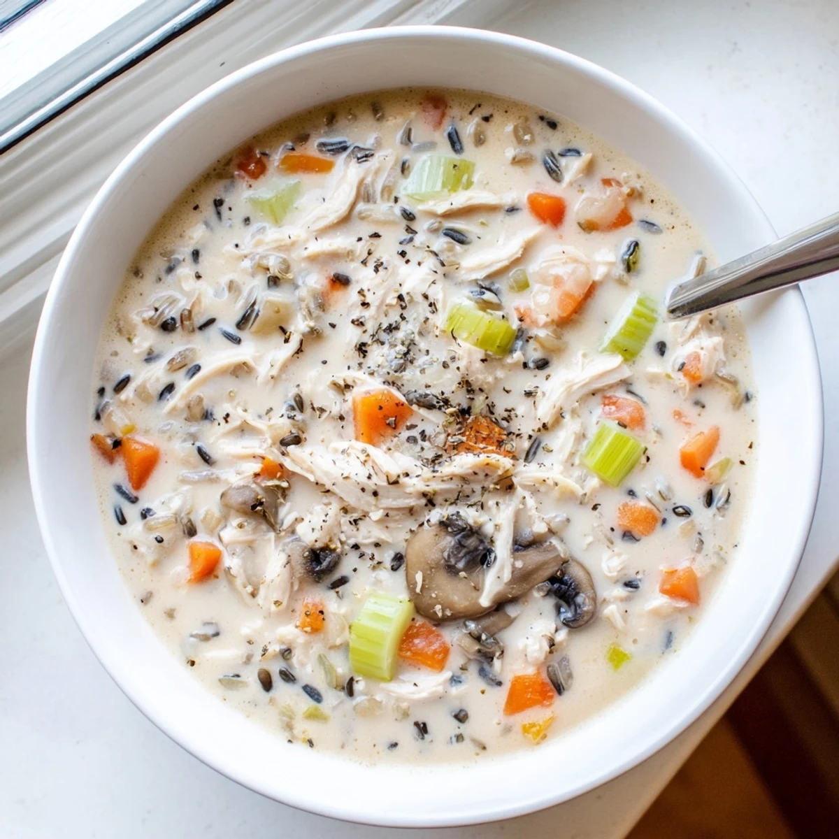 Thick and hearty creamy slow cooker chicken mushroom wild rice soup topped with fresh thyme and cracked pepper