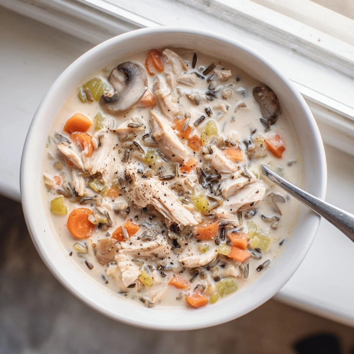 Golden creamy slow cooker chicken mushroom wild rice soup ladled into a rustic bowl on a chilly evening